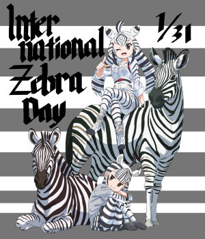 2girls animal animal_ears animal_print belt boots brown_eyes chapman's_zebra_(kemono_friends) extra_ears full_body highres kemono_friends long_hair looking_at_viewer multiple_girls one_eye_closed pantyhose plains_zebra_(kemono_friends) shirt shorts simple_background skirt tail yamaguchi_yoshimi zebra zebra_ears zebra_girl zebra_print zebra_tail