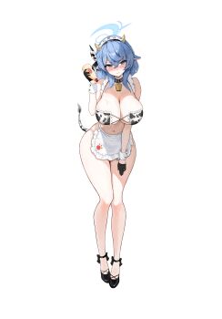 1girl absurdres ako_(blue_archive) animal_ears animal_print ankle_ribbon bare_shoulders bell black_gloves black_shoes blue_archive blue_eyes blue_hair blue_halo blush breasts choker cleavage commentary cow_ears cow_horns cow_print cow_tail cowbell fake_animal_ears food full_body gloves halo highres holding holding_food horns large_breasts leg_ribbon looking_at_viewer maid mayonnaise mayonnaise_bottle medium_hair neck_bell ponya_0000 ribbon shoes simple_background solo standing tail white_background wrist_cuffs