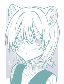 1girl :&lt; absurdres animal_ear_fluff animal_ears blush border closed_mouth commentary_request hair_between_eyes highres limited_palette looking_at_viewer medium_hair original shirt signature solo vest yukimura_88