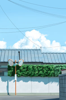 blue_sky channel_(caststation) chimney cloud commentary day highres house no_humans original outdoors path plant power_lines road scenery sky town