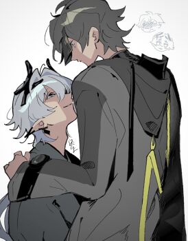 Rule 34 | 2boys, adam's apple, ardashir (arknights), arknights, arknights: endfield, black horns, coat, commentary request, endministrator (arknights), eye contact, grey coat, grey hair, head back, highres, hood, hood down, hooded coat, horns, long sleeves, looking at another, male endministrator (arknights), male focus, multiple boys, parted bangs, parted lips, short hair, shumatsu3210, simple background, white background, yaoi