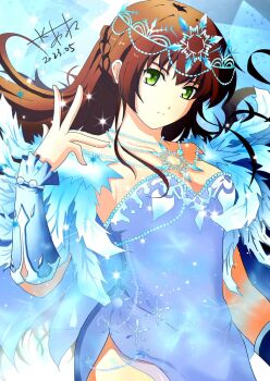 1girl akane_kazami arm_guards braid brown_hair commission crown_braid dated duvalie eiyuu_densetsu green_eyes highres ice jewelry long_hair looking_at_viewer necklace sen_no_kiseki_(series) sen_no_kiseki_i sidelocks signature skeb_commission solo tiara
