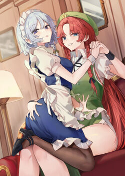 2girls absurdres apron black_pantyhose blue_eyes blue_hair braid braided_sidelock breasts commentary_request dress frilled_dress frills hat high_heels highres hong_meiling izayoi_sakuya long_hair looking_at_viewer maid maid_apron maid_headdress medium_breasts medium_hair multiple_girls open_mouth pantyhose purple_eyes red_hair revision sarukana shoes sitting sitting_on_person tam_o'_shanter teeth touhou very_long_hair vest wrist_cuffs yuri