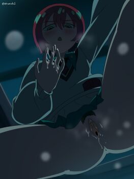 1girl absurdres after_masturbation amate_yuzuriha anus aqua_eyes aqua_shirt aqua_skirt ass atramada blush clothed_masturbation commission commissioner_upload embarrassed female_masturbation female_pubic_hair fingering from_below gundam gundam_gquuuuuux highres looking_at_viewer masturbation necktie no_panties open_mouth pov pubic_hair pussy pussy_juice red_hair shirt skirt spread_legs stealth_masturbation sweater taker_pov two-tone_necktie wavy_mouth