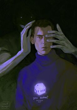 1boy 1other black_eyes black_shirt character_request grin high_collar highres horror_(theme) no_i&#039;m_not_a_human outstretched_hand partially_shaded_face protagonist_(no_i&#039;m_not_a_human) reaching reaching_towards_another shirt skyfree_art smile wide-eyed