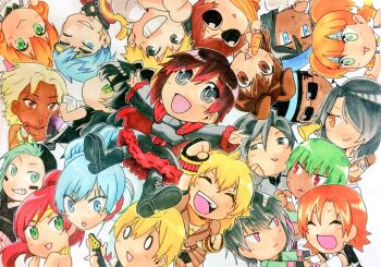 6+boys 6+girls animal_ears arslan_altan blake_belladonna book rabbit_ears carrot chibi ciel_soleil cinder_fall coco_adel colorized commentary_request emerald_sustrai flynt_coal guitar highres instrument jaune_arc lie_ren mercury_black multiple_boys multiple_girls neon_katt neptune_vasilias nora_valkyrie penny_polendina pyrrha_nikos reese_chloris roman_torchwick ruby_rose rwby sun_wukong_(rwby) sunglasses trumpet velvet_scarlatina weiss_schnee yang_xiao_long