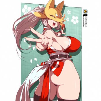 Rule 34 | 1girl, :d, ass, between fingers, breasts, cosplay, curvy, dclaret, digimon, digimon (creature), eye mask, fang, fatal fury, floral background, fox mask, high ponytail, highres, holding, holding ofuda, huge ass, huge breasts, japanese clothes, long hair, looking at viewer, looking back, mask, ninja, ofuda, ofuda between fingers, open mouth, pointy breasts, ponytail, sakuyamon, shiny skin, shiranui mai, shiranui mai (cosplay), sideboob, skindentation, smile, solo, v, wide hips