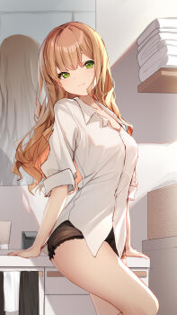 Rule 34 | 1girl, arm support, basket, bathroom, bison cangshu, black shorts, bracelet, breasts, brown hair, closed mouth, collared shirt, commentary, dress shirt, faucet, green eyes, gridman universe, highres, indoors, jewelry, light blush, long hair, looking at viewer, medium breasts, minami yume, mirror, reflection, shelf, shirt, short shorts, shorts, sink, sleeves rolled up, smile, solo, ssss.dynazenon, towel, white shirt