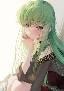 1girl absurdres alternate_costume bare_shoulders blush budgiepon c.c. closed_mouth code_geass commentary crossed_bangs expressionless fingernails green_hair hair_between_eyes hair_over_shoulder hand_on_own_cheek hand_on_own_face hand_up head_rest highres leaning_forward long_hair looking_at_viewer nose sidelighting sidelocks simple_background sitting solo straight_hair twitter_username upper_body very_long_hair white_background yellow_eyes