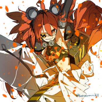 1girl ahoge animal_ears bare_shoulders bear_ears black_gloves breasts commentary_request crop_top eyepatch fake_animal_ears fingerless_gloves gloves hair_between_eyes hair_ornament highres holding katsuomochii koleda_belobog long_hair looking_at_viewer midriff navel pants red_eyes red_hair solo sphere_hair_ornament twintails zenless_zone_zero