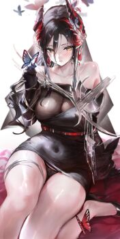 1girl absurdres ambience_synesthesia arknights bare_shoulders black_dress black_gloves black_hair black_horns black_panties breasts bug butterfly butterfly_on_hand commentary covered_navel daefny dress earrings gloves high_heels highres horns ines_(arknights) ines_(melodic_flutter)_(arknights) insect jewelry large_breasts official_alternate_costume panties patent_heels pumps red_soles shoes simple_background solo stiletto_heels thighs underwear white_background yellow_eyes