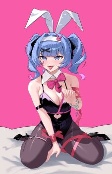 absurdres animal_ears black_leotard black_pantyhose blue_eyes blunt_bangs bow bowtie breasts clothes_pull clothing_cutout commentary commentary_request crcr_(crchaorou) cuffs detached_collar fake_animal_ears hatsune_miku headband heart_cutout high_heels highres leotard medium_breasts medium_hair pantyhose pink_bow pink_bowtie playboy_bunny rabbit_hole_(vocaloid) ribbon sitting strap strap_pull teeth thigh_strap tongue tongue_out twintails upper_teeth_only wariza