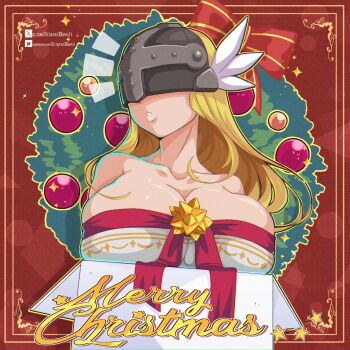Rule 34 | 1girl, angewomon, bare shoulders, blonde hair, breasts, christmas, cleavage, collarbone, covered eyes, dclaret, digimon, digimon (creature), helmet, helmet over eyes, highres, large breasts, long hair, solo, upper body