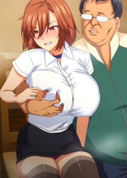 1boy 1girl breasts brown_hair grabbing_another's_breast groping highres huge_breasts large_breasts marin_momodate netorare no_waifu_no_life queen_bee_(animation_studio) red_eyes screencap