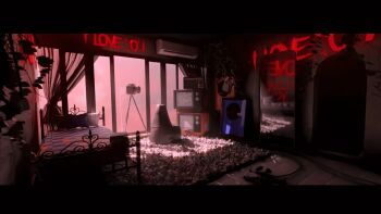 air_conditioner apartment backwards_text bean_bag_chair bed cable camera crt curtains day dial_television english_text glowing highres indoors mirror no_humans non-web_source plant radio red_sky reflection rug scenery seraphim_slum sky static tile_floor tiles vines vinyl_record