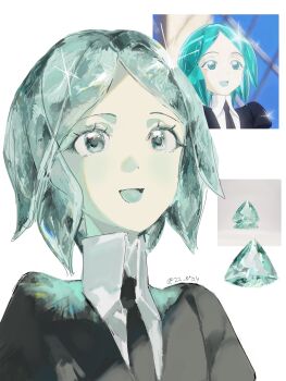 1other 404-chan_(22_0724) :d absurdres aqua_hair black_necktie black_shirt collared_shirt colored_skin crystal_hair derivative_work dot_nose eyelashes gem_uniform_(houseki_no_kuni) highres houseki_no_kuni medium_hair necktie open_mouth other_focus parted_bangs phosphophyllite phosphophyllite_(gemstone) photo_inset portrait puffy_short_sleeves puffy_sleeves reference_inset reference_photo scene_reference screenshot_inset screenshot_redraw shirt short_sleeves simple_background smile solo white_background white_shirt white_skin