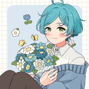 1boy :3 absurdres ahoge blue_cardigan blue_flower blue_hair bouquet bug butterfly cardigan closed_mouth collared_shirt commentary earrings eeppa ensemble_stars! flower flower_earrings green_hair highres insect jewelry knees_up layered_clothes long_sleeves looking_at_viewer male_focus parted_bangs shinkai_kanata shirt short_hair smile solo white_flower white_shirt yellow_butterfly