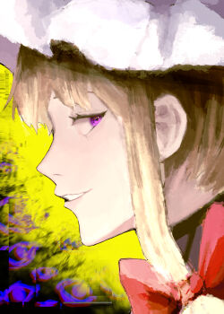 1girl absurdres blonde_hair commentary hair_ribbon hat highres ichi_(ki_splt) looking_at_viewer mob_cap parted_lips profile purple_eyes ribbon sidelocks smile solo teeth touhou yakumo_yukari yellow_background