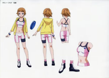 Rule 34 | 1girl, artist request, ass, breasts, full body, gundam, gundam build fighters, hoshino fumina, midriff, navel, official art, ponytail, reference sheet, smile, source request