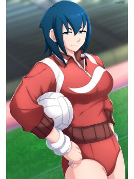 Rule 34 | 1girl, absurdres, ayuhara natsu, ball, bandaged fingers, bandages, black hair, blue eyes, blue hair, border, breasts, hair between eyes, highres, holding, holding ball, jacket, justice gakuen, large breasts, red jacket, red shorts, rob (robarts), shiritsu justice gakuen, short hair, shorts, solo, stadium, upper body, volleyball (object), white border