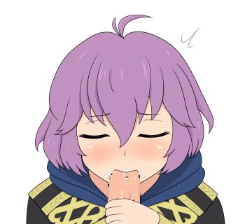 1boy 1girl ahoge bernadetta_von_varley blush censored closed_eyes commentary_request cum cum_in_mouth fellatio fire_emblem fire_emblem:_three_houses garreg_mach_monastery_uniform hair_between_eyes hetero highres hood hood_down long_sleeves messy_hair mosaic_censoring nintendo oral penis pov purple_hair simple_background solo_focus textless_version white_background yoshio_hentai
