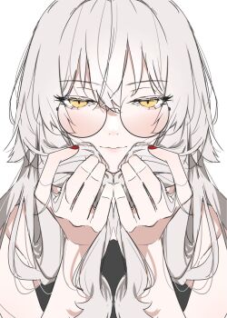 1girl bare_shoulders black_shirt blush breasts fate/grand_order fate_(series) glasses grey_hair highres jeanne_d&#039;arc_alter_(fate) large_breasts long_hair looking_at_viewer ri_o_ne_su round_eyewear shirt sleeveless sleeveless_shirt solo very_long_hair yellow_eyes