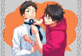 Rule 34 | 2boys, abe takaya, adjusting clothes, black hair, blue necktie, commentary request, da kata, dress shirt, dressing, grey eyes, haruna motoki, hood, hoodie, looking at another, male focus, messy hair, multiple boys, necktie, one eye closed, ookiku furikabutte, open mouth, pinstripe pattern, popped collar, shirt, sleeves pushed up, striped, sweat, tareme, tying, tying necktie, undone necktie