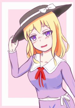 Rule 34 | 1girl, adjusting clothes, adjusting headwear, black hat, blush, borrowed accessory, bow, collared dress, contrast collar, dress, dress ribbon, frilled sleeves, frills, hair between eyes, hat, hat bow, highres, maribel hearn, open mouth, purple dress, purple eyes, red ribbon, ribbon, sanwa no jako (daikichi club), sash, short hair, shy, solo, touhou, two-tone background, white bow, white sash, wide brim