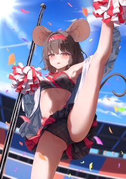 1girl :q absurdres alternate_costume animal_ears arm_up armpits black_panties blue_sky blurry blurry_background breasts cheerleader closed_mouth cloud commentary commission confetti cowboy_shot day grey_hair half-closed_eyes headband highres holding holding_pom_poms kneepits leg_lift leg_up lens_flare looking_at_viewer midriff miniskirt mouse_ears mouse_tail navel nazrin outdoors panties pom_pom_(cheerleading) pom_poms ramuneru red_eyes red_headband short_hair skeb_commission skirt sky small_breasts smile solo split standing standing_on_one_leg standing_split stomach sunlight tail thighs tongue tongue_out touhou underwear variant_set