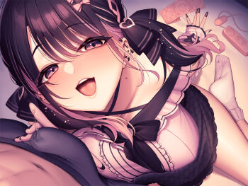 1boy 1girl barbell_piercing black_hair black_nails black_skirt bulge commentary_request condom condom_packet_strip condom_wrapper ear_piercing egg_vibrator highres industrial_piercing jirai_kei looking_at_viewer male_underwear nanafuton off_shoulder open_mouth original piercing precum precum_through_clothes remote_control_vibrator sex_toy shirt skirt smile underwear vibrator white_shirt