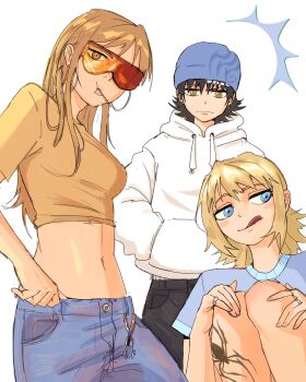 1boy 2girls absurdres black_hair blonde_hair blue_eyes blue_hat blush_stickers commentary death_the_kid denim earrings elizabeth_thompson hashtag-only_commentary hat highres hood hoodie hoop_earrings jeans jewelry long_hair looking_at_viewer looking_to_the_side medium_hair midriff multiple_girls navel oestart pants patricia_thompson ring ringed_eyes siblings simple_background sisters smile soul_eater sunglasses symbol-only_commentary white_background white_hoodie yellow_eyes