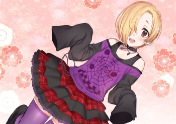 1girl azuse_neko black_shoes blonde_hair blush brown_eyes choker commentary_request ear_piercing flower frilled_skirt frills hair_over_one_eye idolmaster idolmaster_cinderella_girls jewelry long_sleeves off_shoulder open_mouth piercing pink_background purple_thighhighs shirasaka_koume shoes short_hair skirt sleeves_past_fingers sleeves_past_wrists solo spider_web_print studded_choker textless_version thighhighs zettai_ryouiki