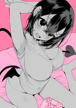 1girl absurdres ass breasts butt_crack cleavage commentary_request controller crossed_bangs demon_tail eyelashes game_controller greyscale_with_colored_background highres low_wings open_mouth original ouchi_kaeru pink_theme shirt short_hair tail wings