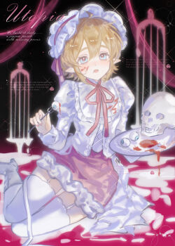 1boy absurdres ahoge alternate_costume aotu_world blonde_hair blood blood_on_face blood_on_plate blue_eyes blush bone boots candlestand chinese_commentary crossdressing crossdressing_(mtf) english_text eyeball food fork frilled_hairband frilled_skirt frills garter_straps hair_between_eyes hairband high_heels highres holding holding_fork holding_plate juliet_sleeves king_(aotu_world) long_sleeves looking_at_viewer male_focus nail_polish neck_ribbon open_mouth pink_nails pink_ribbon pink_skirt plate plutoray pointy_ears puffy_sleeves ribbon shirt short_hair sitting skirt skull smile solo sparkle spoon thighhighs trap watermark watermark_grid white_boots white_shirt white_thighhighs yokozuwari zettai_ryouiki