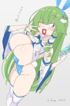 1girl ;d absurdres animal_ear_hairband animal_ears artist_name blue_hairband blue_leotard blush breasts cellphone cleavage clothes_lift colored_eyelashes detached_sleeves fake_animal_ears fake_tail flip_phone frog_hair_ornament green_eyes green_hair grey_background hair_ornament hair_tubes hairband highres holding holding_phone kochiya_sanae large_breasts leotard long_hair one_eye_closed open_mouth phone playboy_bunny rabbit_ear_hairband rabbit_ears rabbit_tail shirt_lift simple_background single_hair_tube smile snake_hair_ornament solo tail thighhighs touhou translation_request twitter_username umitsuki_(kurage_no_shokushu) very_long_hair w