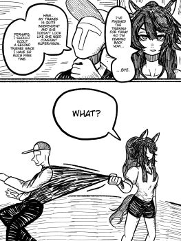 1boy 1girl animal_ears clothes_grab darkseid_pulling_superman's_cape_(meme) ear_ornament grabbing_another's_shirt highres horse_ears horse_girl horse_tail meme narita_brian_(umamusume) ponytail tail tracen_training_uniform trainer_(umamusume) twovust umamusume