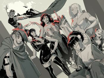 absolute_dc absolute_wonder_woman annie_leonhart avatar:_aang_the_last_airbender avatar_legends black_dress blind breasts cleavage commentary cyberpunk:_edgerunners cyberpunk_(series) dc_comics dress dutch_angle emma_frost english_commentary extra_arms green_hairband hairband hana_hana_no_mi highleg highleg_leotard highres holding holding_sword holding_weapon huge_weapon leotard marvel monochrome multiple_girls nico_robin one_piece pepedraws rebecca_(cyberpunk) shingeki_no_kyojin smile storm_(x-men) sword thighhighs toph_beifong weapon wonder_woman wonder_woman_(absolute_dc) wonder_woman_(series) x-men