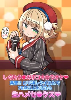 1girl beret blonde_hair blue_ribbon blunt_bangs braid breasts censored checkered_background closed_mouth collared_shirt dot_nose dress_shirt green_eyes grey_jacket grey_skirt hair_ornament hair_rings hat heart holding holding_microphone indie_virtual_youtuber jacket kanikama long_sleeves microphone miniskirt neck_ribbon pinstripe_jacket pinstripe_pattern pinstripe_skirt pleated_skirt pom_pom_(clothes) pom_pom_hair_ornament red_hat red_sailor_collar ribbon sailor_collar school_uniform shigure_ui_(vtuber) shigure_ui_(1st_costume)_(vtuber) shirt short_hair shukusei!!_loli-kami_requiem side_braid skirt smile solo song_name speech_bubble steam striped_clothes striped_jacket striped_skirt sweat translation_request vertical-striped_clothes vertical-striped_jacket vertical-striped_skirt virtual_youtuber white_shirt