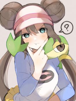 1girl :t ? black_pantyhose blush bright_pupils brown_hair commentary_request double_bun gen_5_pokemon green_eyes hair_bun hand_on_own_chin hand_up long_hair looking_at_viewer nintendo pantyhose pokemon pokemon_(creature) pokemon_bw2 pokemon_on_back raglan_sleeves rosa_(pokemon) shirt shorts snivy spoken_question_mark stroking_own_chin twintails ume_(ume_445) visor_cap yellow_shorts
