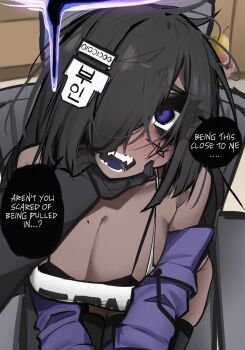 1girl ace_glitch bare_shoulders black_gloves black_hair blue_eyes blue_tongue breasts cleavage colored_tongue commentary dark-skinned_female dark_skin english_commentary english_text gloves hair_ornament hair_over_one_eye highres jacket jacket_partially_removed large_breasts long_hair looking_at_viewer mole mole_on_breast one_eye_covered open_mouth original parted_bangs pearto pov pov_hands purple_jacket raised_inner_eyebrows solo_focus speech_bubble talking ton_618_(ace_glitch) unkempt