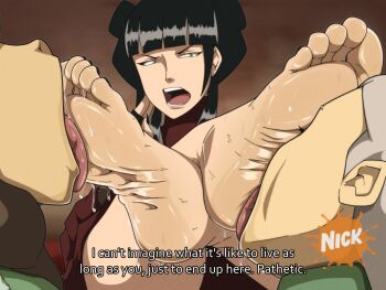 3girls annoyed avatar:_the_last_airbender avatar_legends barefoot black_hair black_nails blunt_bangs blurry blurry_background brown_hair commentary double_bun drooling english_commentary english_text faceless faceless_female feet feet_up fingerless_gloves fingernails foot_focus foot_on_another&#039;s_face foot_worship forced foreshortening gloves hair_bun highres holding holding_weapon humiliation kiryu_artwork licking licking_foot looking_at_another mai_(avatar) mature_female multiple_girls nail_polish presenting_foot saliva sharp_fingernails sitting soles subtitled toes tongue weapon white_hair yuri