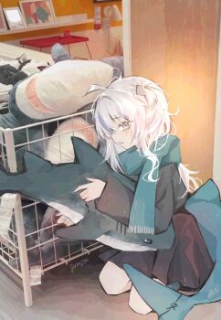 1girl ahoge artist_name black_dress blue_eyes blue_hair blue_nails blue_scarf blue_streaks blush commentary doktahzaki dress fang fins fish_tail from_side gawr_gura hashtag-only_commentary highres holding holding_stuffed_toy hololive hololive_english ikea ikea_shark kneeling long_hair long_sleeves looking_at_viewer looking_to_the_side loose_hair_strand messy_hair multicolored_hair nail_polish on_ground parted_lips photo_background scarf shark_girl shark_tail signature streaked_hair stuffed_animal stuffed_shark stuffed_toy tail two_side_up virtual_youtuber white_hair