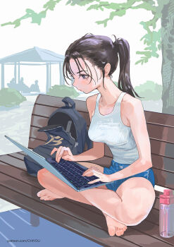 1girl amatiz backpack bag bare_shoulders barefoot bench black_hair blue_eyes blue_shorts bottle breasts computer crossed_legs denim denim_shorts feet full_body highres holding holding_laptop laptop legs long_hair medium_breasts original ponytail shirt shorts sitting solo tank_top tree water_bottle white_shirt white_tank_top