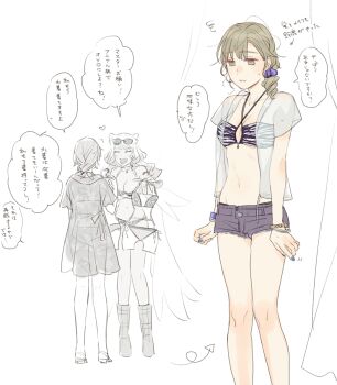 2girls animal_ears arrow_(symbol) bikini bikini_top_only black_bikini blue_nails boots bracelet breasts brown_eyes brown_hair cat_ears cleavage cleavage_cutout clothing_cutout commentary_request criss-cross_halter eyewear_on_head fate/grand_order fate_(series) halterneck highres holding holding_unworn_clothes jewelry large_breasts medium_breasts multiple_girls open_clothes open_shirt original partially_colored sandals see-through_clothes see-through_shirt shibakou shirt short_shorts shorts sunglasses suzuka_gozen_(fate) suzuka_gozen_(swimsuit_rider)_(fate) suzuka_gozen_(swimsuit_rider)_(second_ascension)_(fate) swimsuit tan translation_request