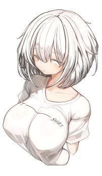 1girl breasts brown_eyes clothes_writing cropped_torso genek grey_hair highres large_breasts looking_at_viewer medium_hair original shirt solo t-shirt white_background