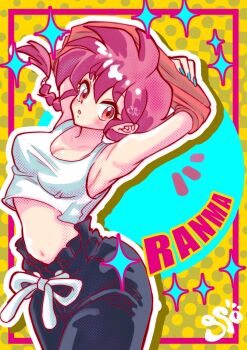 1girl :o armpits arms_up black_pants blue_nails braid breasts character_name cleavage collarbone commentary_request copo000 cowboy_shot crop_top eyeshadow makeup midriff pants partial_commentary partially_undressed pink_eyes pink_eyeshadow pink_hair ranma-chan ranma_1/2 single_braid solo yellow_background
