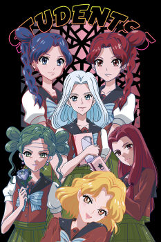 Rule 34 | 6+girls, :3, :d, absurdres, alternate costume, bishoujo senshi sailor moon, bishoujo senshi sailor moon s, blonde hair, blue eyes, blue hair, braid, brown eyes, commentary, cyprine (sailor moon), english commentary, eudial (sailor moon), flower, graphite (medium), green eyes, green hair, green skirt, head tilt, highres, long hair, looking at viewer, mimete (sailor moon), multiple girls, notebook, open mouth, pleated skirt, ptilol (sailor moon), red eyes, red hair, riccardo bacci, rose, school uniform, serafuku, short hair, side braid, side ponytail, silver hair, skirt, smile, tellu (sailor moon), traditional media, viluy (sailor moon), witches 5