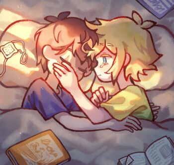 2boys absurdres alternate_costume antenna_hair basil_(faraway)_(omori) basil_(omori) black_hair black_shirt blonde_hair blue_eyes blue_shirt book closed_eyes closed_mouth commentary crying crying_with_eyes_open english_commentary eyepatch green_shirt hand_on_another's_face head_on_pillow highres looking_at_another lying male_focus multiple_boys omori on_bed on_side open_book pillow scar scar_across_eye scar_on_face shirt short_sleeves sidelocks spoilers sunny_(omori) t-shirt tears thatbirdcanfly under_covers unworn_eyepatch