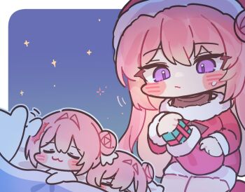 3girls :3 =_= alternate_costume blanket christmas christmas_stocking closed_eyes closed_mouth commentary_request doro_(nikke) dorothy_(nikke) dress gift goddess_of_victory:_nikke hair_bun hair_intakes halterneck hat highres kneeling korean_commentary long_hair long_sleeves mixed-language_commentary mming_(mmingis18) multiple_girls pillow pink_hair purple_eyes santa_costume santa_dress santa_hat single_hair_bun single_side_bun star_(sky) sweatdrop very_long_hair