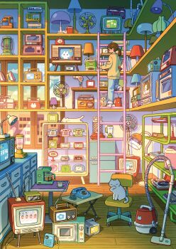 1girl absurdly_detailed_composition absurdres alarm_clock analog_clock animal blender_(object) blue_pants boombox brown_hair cat chair clock coffee_maker corded_phone crt desk_lamp electric_fan hair_dryer heater highres indoors ladder lamp loaded_interior microwave office_chair original oven pants phone phonograph ponytail radio refrigerator scenery shelf slice_of_life sweater swivel_chair table tao_(tao15102) television typewriter vacuum_cleaner window wooden_floor